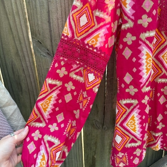 Tory Burch Printed Batik Orange and Pink Boho Tassel Lace Detail Popover Blouse - Picture 3 of 8
